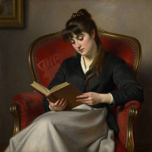 Oil painting of a young woman with dark hair in a bun, wearing a black cardigan and white skirt, reading a book in a red, orn