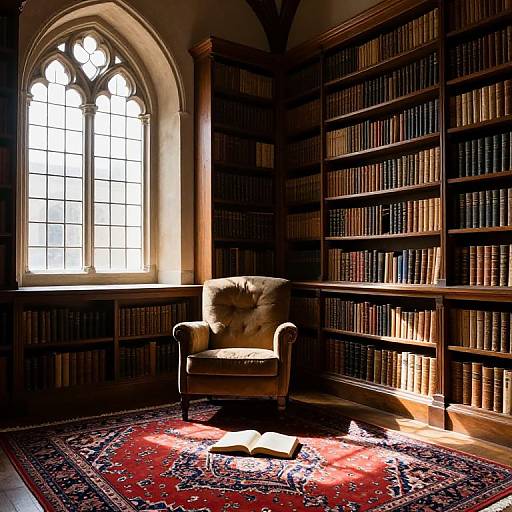 Photograph of a sunlit library corner with a plush armchair on a red oriental rug, bookshelves filled with books, and a large