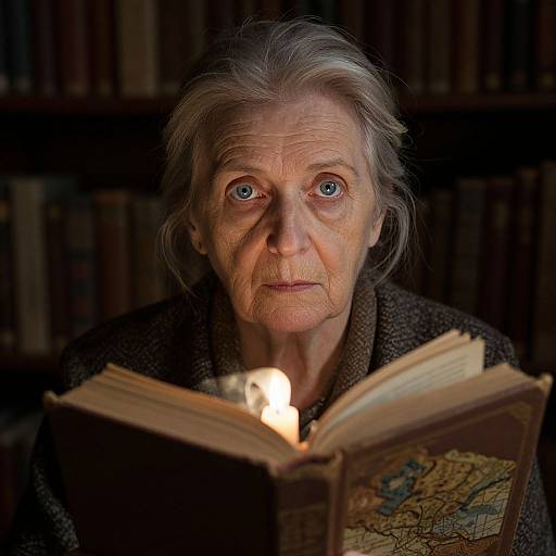 Photograph of an elderly woman with gray hair and blue eyes, holding an open book with a candle illuminating it, against a dark, book-filled