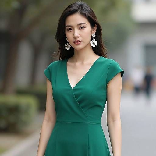 Photograph of an Asian woman with long black hair, wearing a green V-neck dress and white flower earrings, standing on a blurred urban street with trees