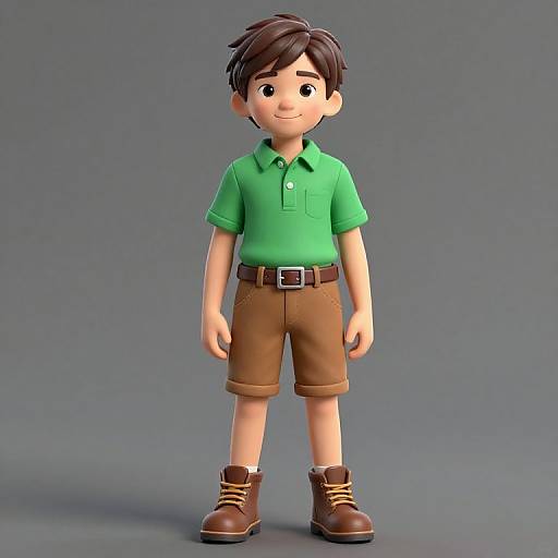 CGI 3D cartoon boy with short brown hair, green polo shirt, brown shorts, brown belt, and boots, standing against gray background.
