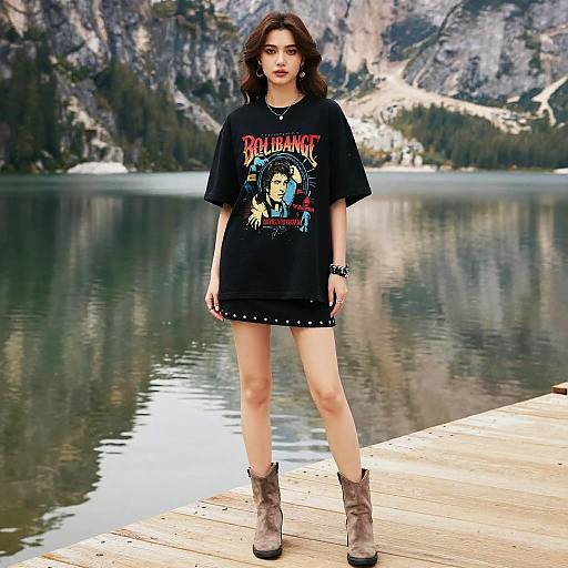 Woman in Rock Chic Outfit by Mountain Lake