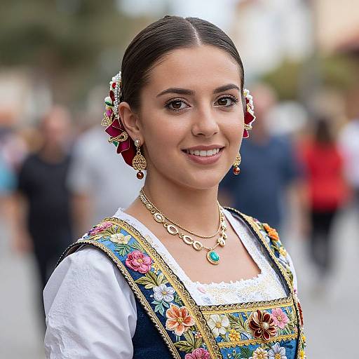 Photograph of a smiling young woman with dark hair in a bun, wearing traditional embroidered dress, gold jewelry, and red floral hairpins, against a