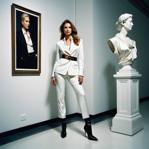 Elegant Woman in White Suit and Black Heels in Art Gallery