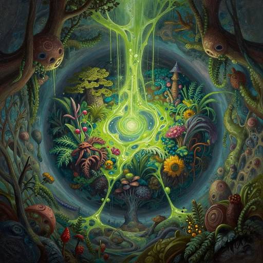 Vibrant, surreal digital artwork of a glowing, neon-green central orb surrounded by colorful, alien-like plants, mushrooms, and creatures in a dark
