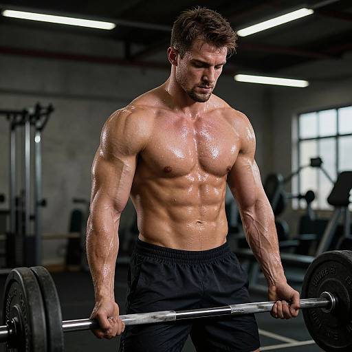 Photograph of a muscular, shirtless man with glistening, oiled skin, lifting a heavy barbell in a dimly lit gym.