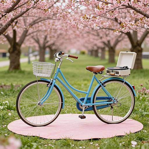 Photograph of a blue bicycle with a wire basket and white cargo box, standing on a pink circular mat under pink cherry blossoms.