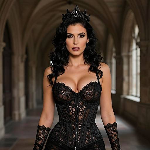 Photograph of a dark-haired woman with a crown, wearing a black lace corset and gloves, standing in a gothic, arched hallway.