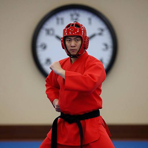 Photograph of a focused female martial artist in a red gi and red helmet, performing a karate stance, with a large clock in the blurred background