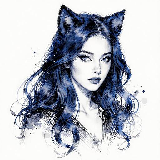 Artistic Portrait of Woman with Cat Ears in Blue Ink