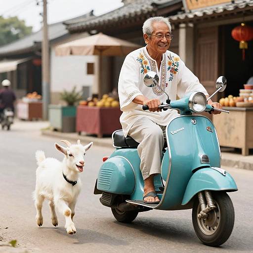 Elderly Asian man riding vintage Vespa with playful goat