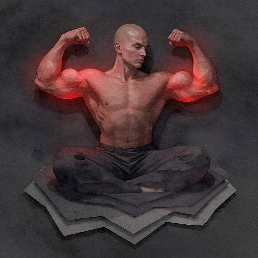 Digital artwork of a bald, muscular, shirtless man with glowing red arms, sitting cross-legged, flexing his biceps against a dark background.