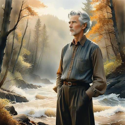 Elderly Man Standing by Autumn River