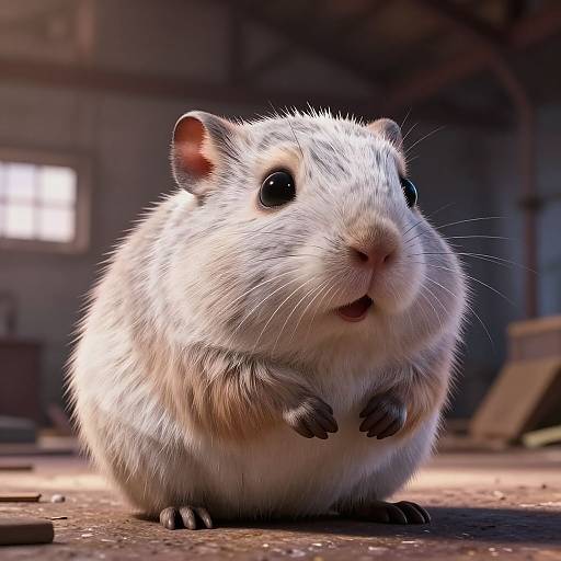 Photorealistic CGI of a fluffy white hamster with black eyes, standing on its hind legs in a dimly lit, rustic room.