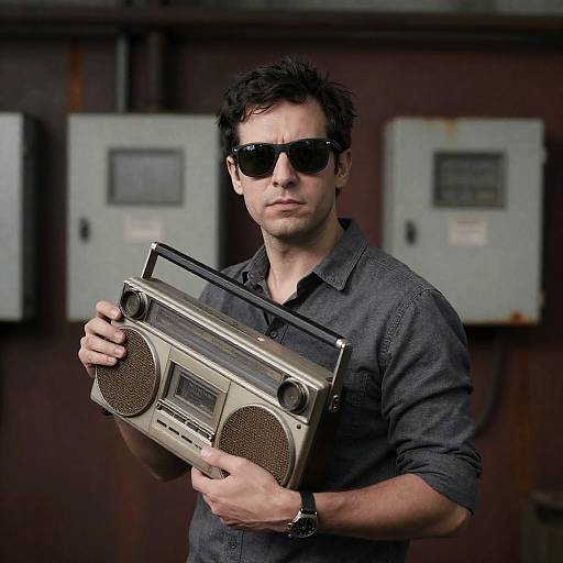 Man Holding Vintage Radio in Industrial Setting