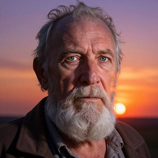 Photograph of an elderly man with a white beard and blue eyes, set against a colorful sunset backdrop with orange and purple skies.