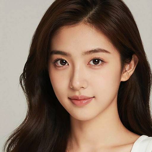 Photorealistic portrait of an East Asian woman with long, dark brown hair, fair skin, and brown eyes, wearing a white top, against a