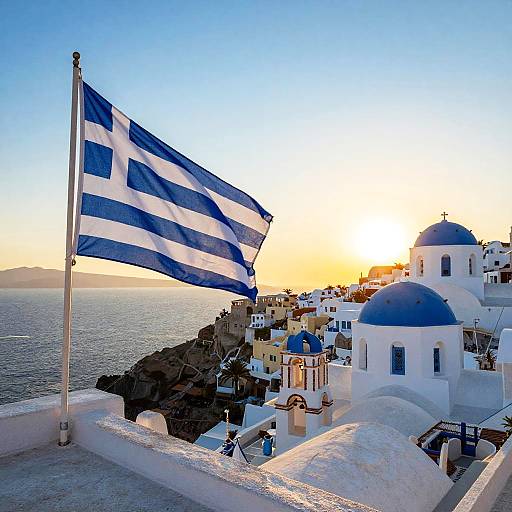 Sunset Over Santorini with Greek Flag