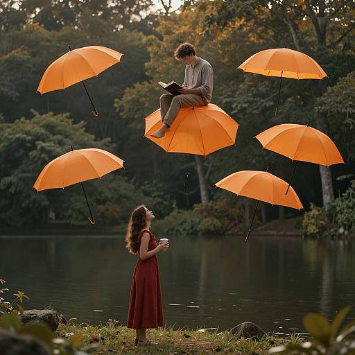 Photograph of a man reading on an orange umbrella, floating above a woman in a red dress, surrounded by six more orange umbrellas, by a