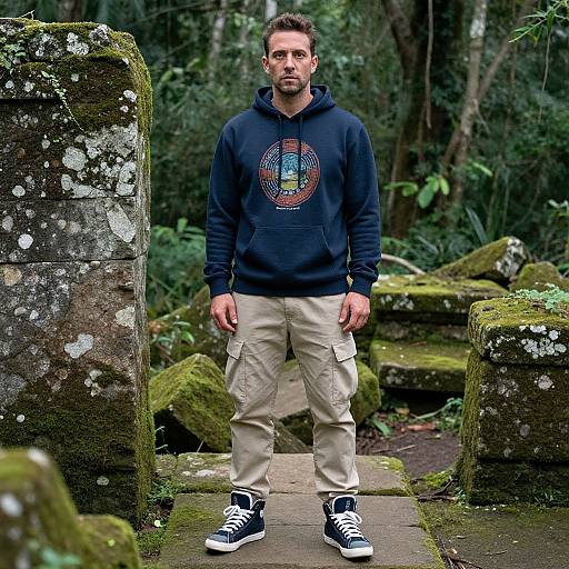 Photograph of a bearded man in a dark hoodie with a colorful design, beige pants, and navy sneakers, standing on moss-covered stone steps in