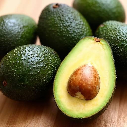 Photograph of six dark green, textured avocados with one cut open, revealing a bright yellow-green flesh and large brown seed, on a wooden
