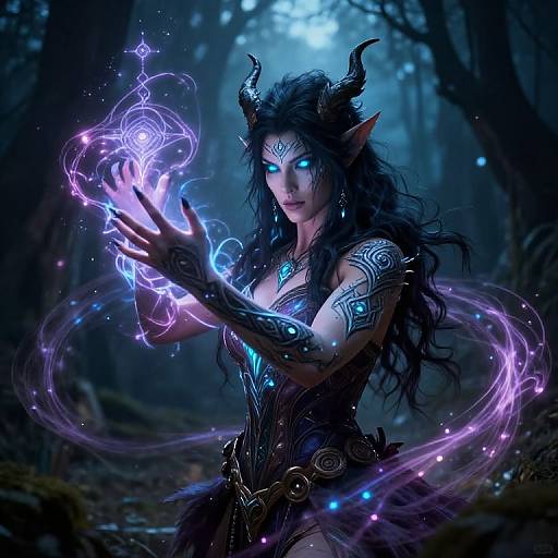 Digital fantasy artwork of a glowing, blue-eyed, black-haired demon woman with horns, intricate tattoos, and magical purple energy in a dark, mystical forest