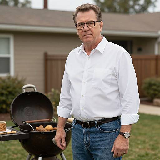 Middle-aged man with glasses, white shirt, blue jeans, standing by a grill with burgers, in front of a suburban house.