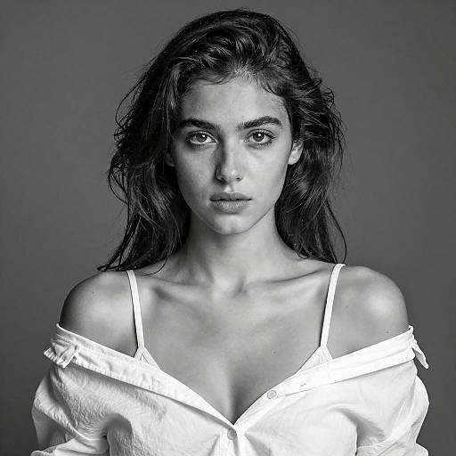 Black and White Portrait of Young Woman in Off-Shoulder Blouse
