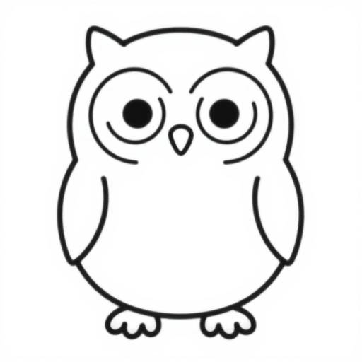 Black and white cartoon drawing of a cute, round owl with large, expressive eyes, small wings, and tiny feet.