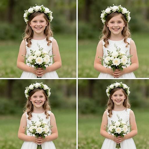 Photograph of a young girl with wavy brown hair, wearing a white dress and flower crown, smiling while holding a bouquet of white and green flowers