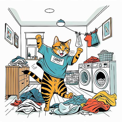 Energetic Tabby Cat Playing with Laundry