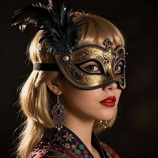 Photograph of a blonde woman in a vintage masquerade mask with black feathers, red lipstick, and ornate earrings, against a dark background.