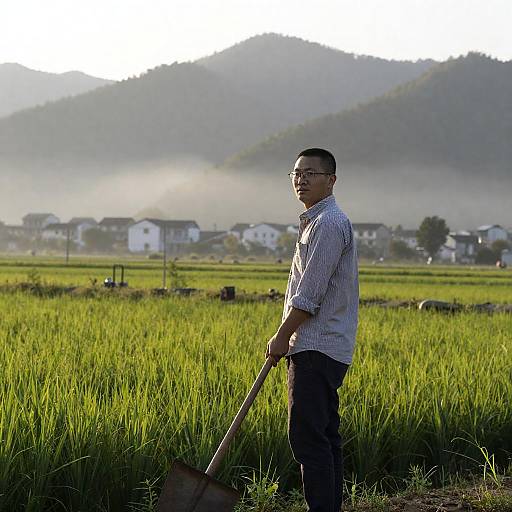Man in Green Field with Mountains