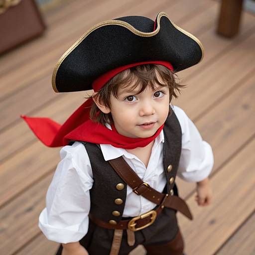 Photograph of a young boy dressed as a pirate, wearing a black tricorn hat, red scarf, white shirt, black vest, and brown pants