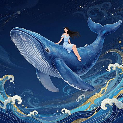 Digital art: A fair-skinned woman with long black hair in a blue dress rides a giant blue whale through a vibrant, swirling ocean with dynamic waves