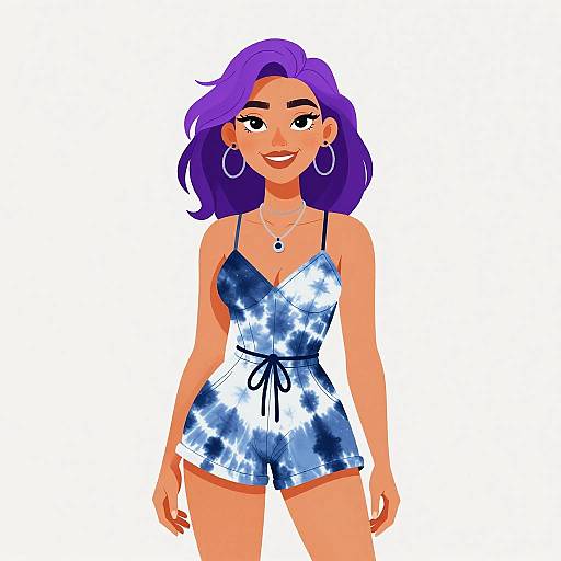 Digital illustration of a smiling woman with purple hair, wearing a blue and white tie-dye romper, large hoop earrings, and a necklace, against