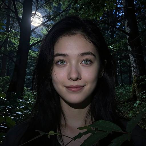 Photograph of a young woman with fair skin, green eyes, and long dark hair, smiling softly in a moonlit forest.