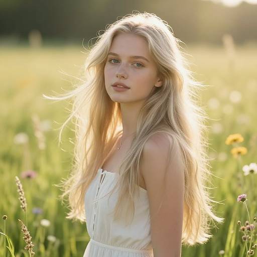 Photograph of a blonde, fair-skinned young woman with long hair, wearing a white sleeveless top, standing in a sunlit meadow with