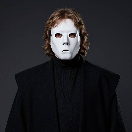 Photograph of a person with white mask, brown wavy hair, black high-collared coat, and dark background, exuding a mysterious,
