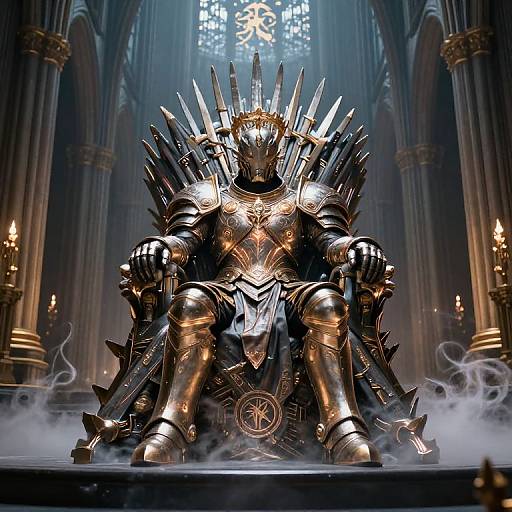 Digital artwork of a metallic, spiked, throne-wearing knight with a glowing crown, seated in a misty, gothic cathedral.