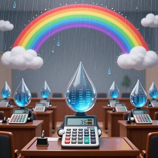 Digital artwork of a rain-filled classroom with rainbows, clouds, and glowing water droplet calculators on desks, featuring a calculator displaying 