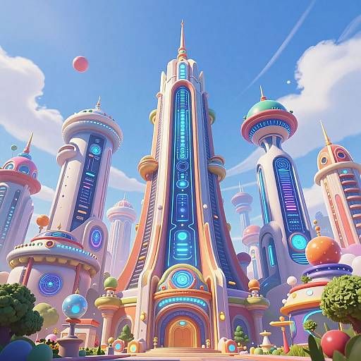 Bright, colorful, futuristic cityscape with tall, cylindrical towers adorned with neon blue lights and vibrant, rounded domes under a clear blue sky. Digital