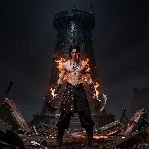 Muscular, shirtless warrior with flaming arms and axe, stands before a dark, ruined lighthouse, surrounded by debris. Dark, dramatic CGI.
