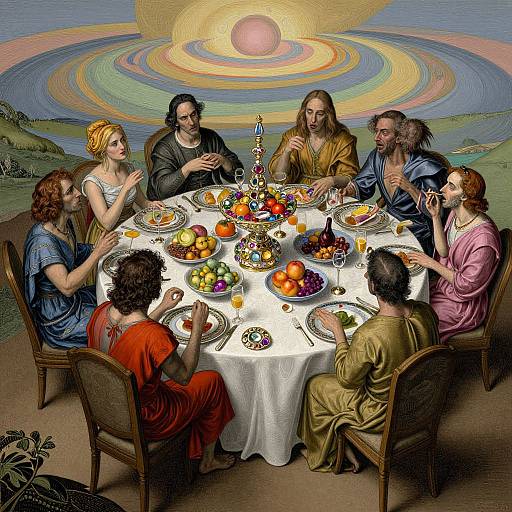 Illustration of Jesus and his twelve apostles sharing a meal with a vibrant, sun-like halo in the background, surrounded by a colorful, abundant table