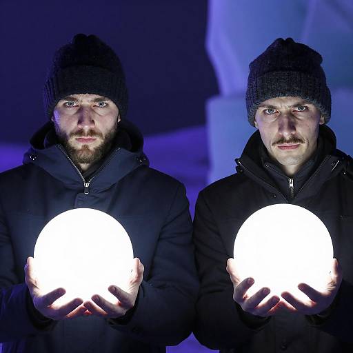 Two Men Holding Glowing Orbs at Night
