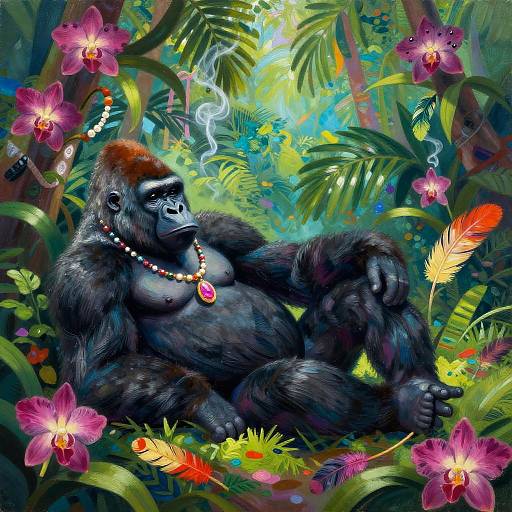 Digital artwork of a muscular, dark-furred gorilla with a red-tufted head, beaded necklace, and cigar, lounging in a