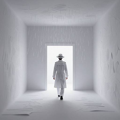 Photograph of a lone figure in white coat and hat, walking away from bright light in a textured, white, rain-filled room.
