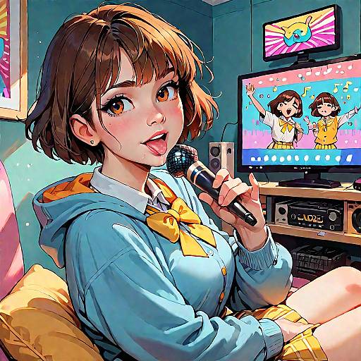 Cheerful Anime Girl Singing Indoors