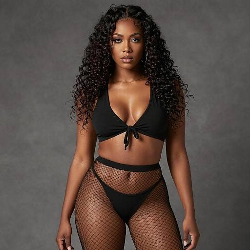 Photograph of a confident Black woman with long curly hair, wearing a black bikini top, black thong, and black fishnet tights, standing