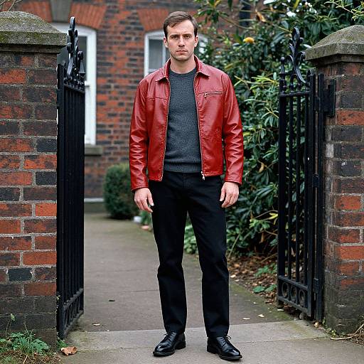 Photograph of a serious-looking man with short brown hair, wearing a red leather jacket, gray sweater, black pants, and black shoes, standing in